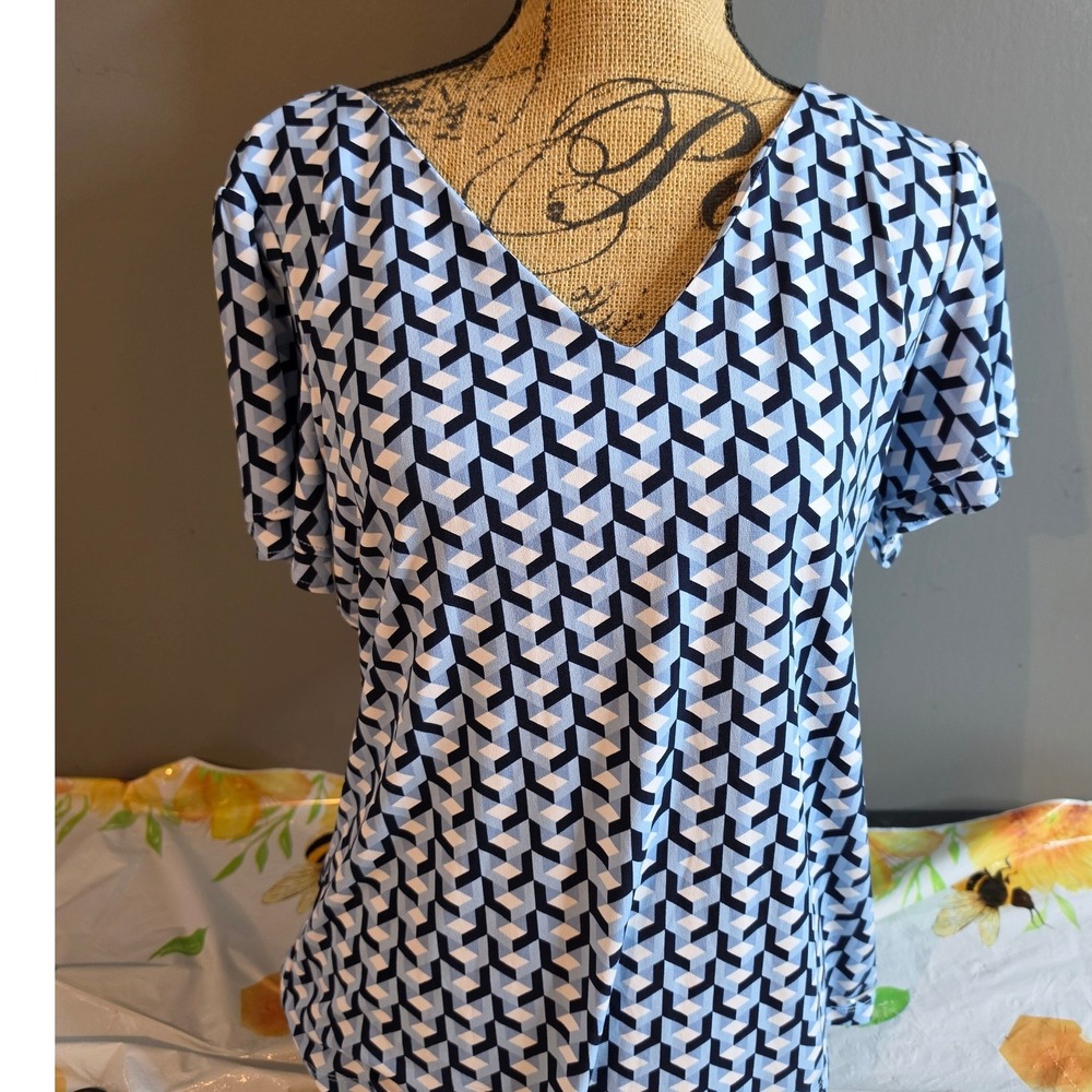 Calvin Klein Blue Geometric Cube Print V-Neck Short Sleeve Blouse Large